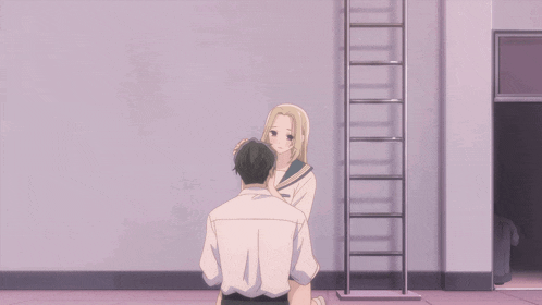 a man and a girl are looking at each other in a room with a ladder in the background