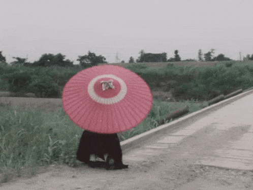 a person is holding a red umbrella with a white circle in the middle