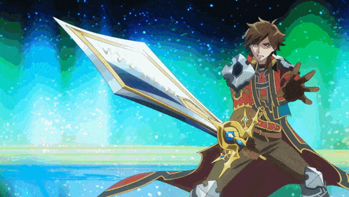a man is holding a large sword with a blue background