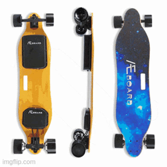 a yellow and blue skateboard with the word board on the side