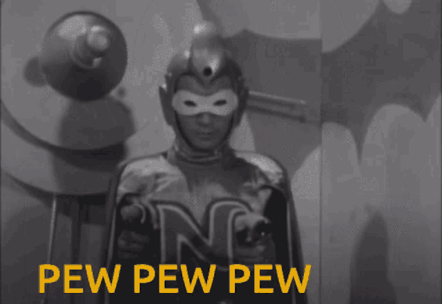 a black and white photo of a superhero with the words pew pew pew