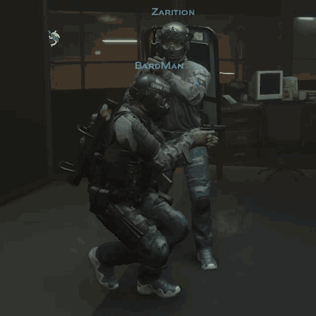 a man in a helmet holds a gun in front of a sign that says zarition and bardman