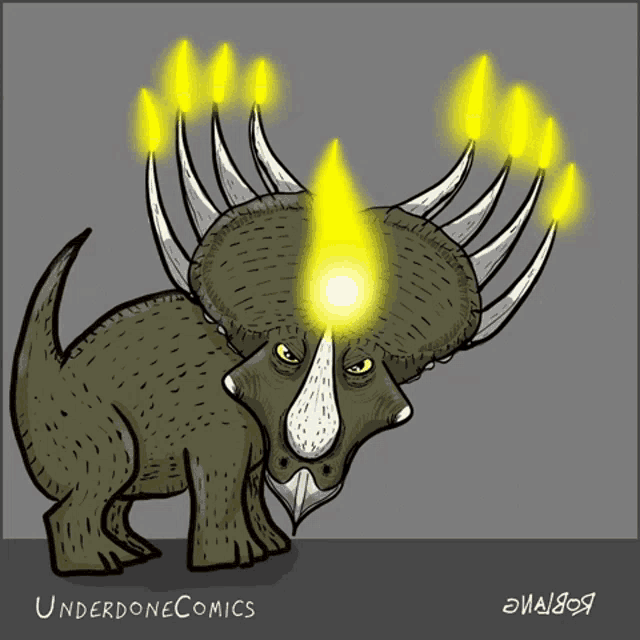 a cartoon of a dinosaur with candles on its head and the words underdonecomics written below it