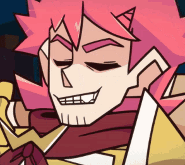 a cartoon character with pink hair and horns is smiling with his eyes closed