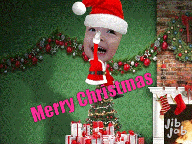 a merry christmas greeting card with a child 's face on it