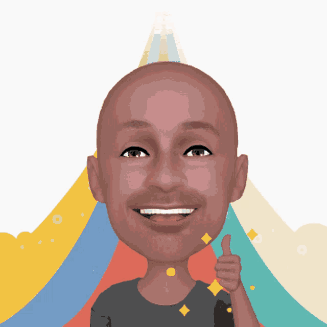 a bald man giving a thumbs up with a colorful background