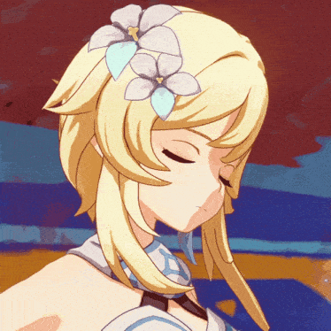 a girl with blonde hair and a flower in her hair looks down