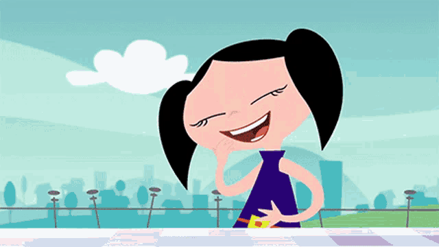 a cartoon girl is smiling with her eyes closed and a city in the background
