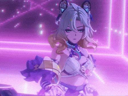 a girl with a cat ear headband is standing in front of a purple background