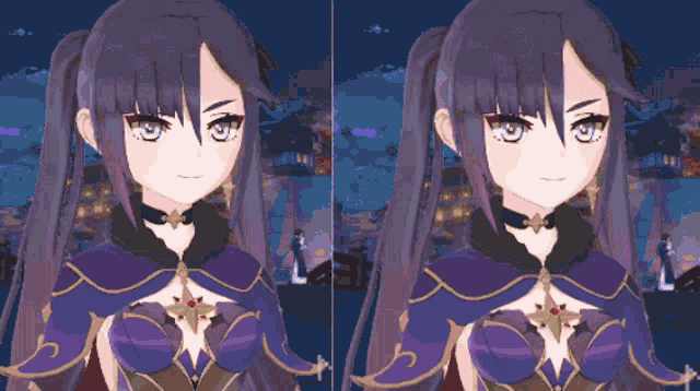 two images of a girl with purple hair and a choker