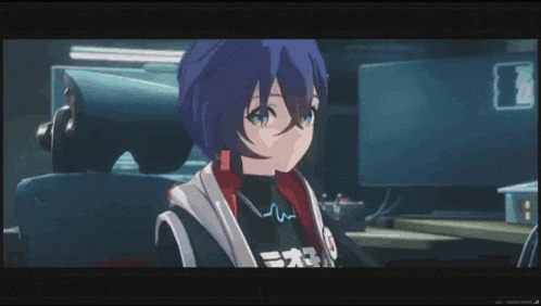a computer screen shows a girl with blue hair