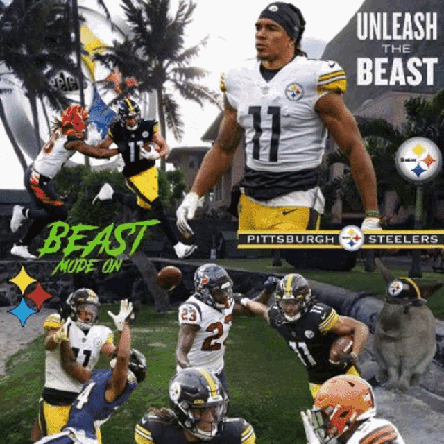 a poster for the pittsburgh steelers says " unleash the beast " at the top
