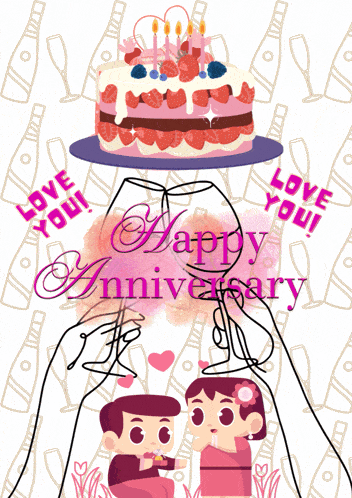 a happy anniversary greeting card with a cake and two people