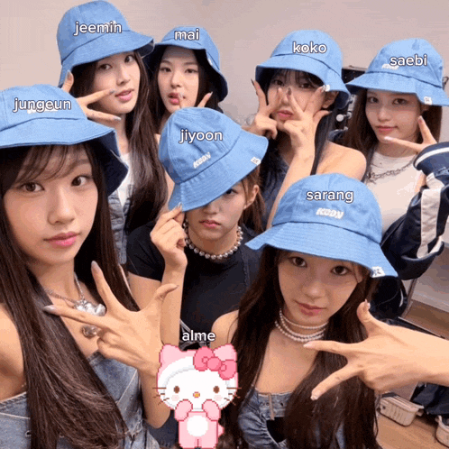 a group of girls wearing blue bucket hats with the names jeemin mai koko jiyoon jungeun and sarang written on them