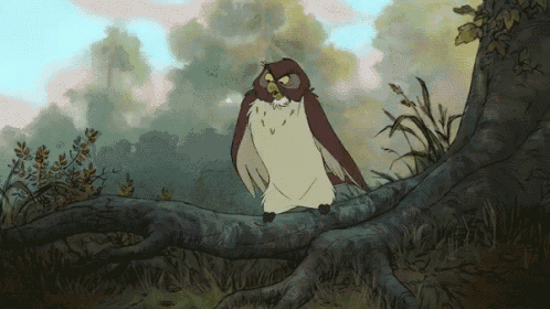 a cartoon owl is standing on a tree branch with a nut in its beak