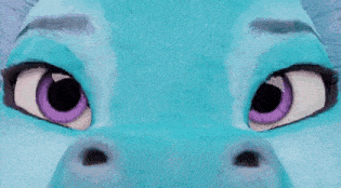 a close up of a cartoon character 's face with purple eyes and a blue furry body .