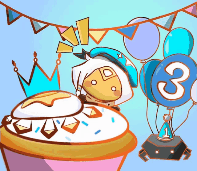 a cartoon drawing of a cupcake with a number 3 balloon in the background