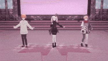 three anime characters are dancing on a stage in front of a large screen