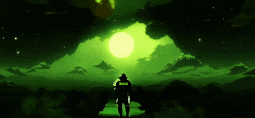 a silhouette of a man standing in front of a bright green sun