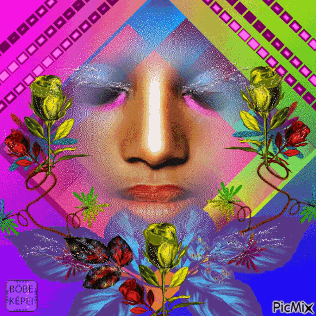 a woman 's face is surrounded by flowers and leaves with a picmix watermark