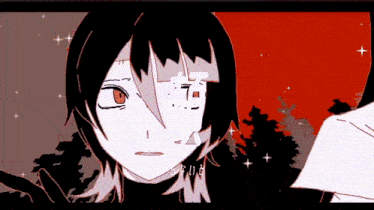 a cartoon drawing of a girl with a red background and trees