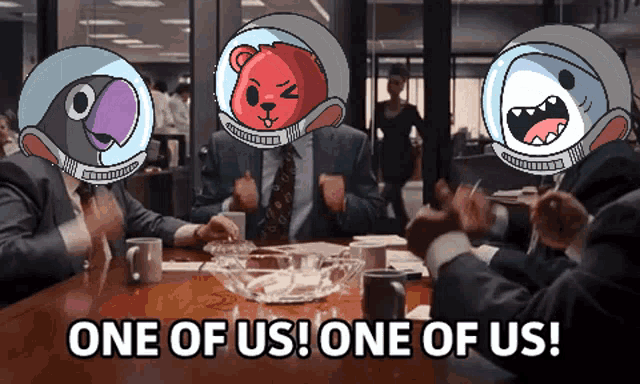 a group of people sitting around a table with one saying one of us one of us