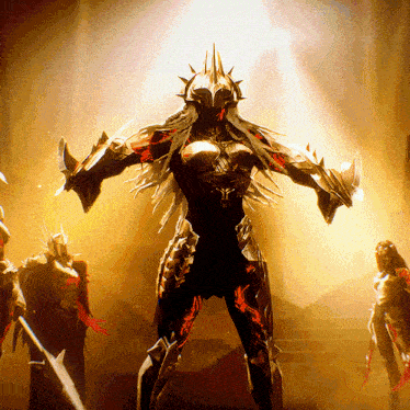 a female warrior with a crown on her head stands in front of a group of warriors