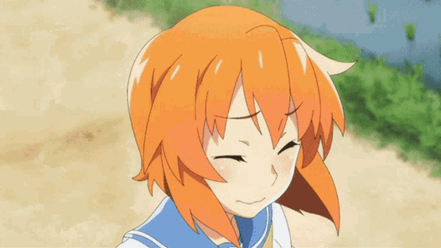 a girl with orange hair and blue eyes is wearing a school uniform