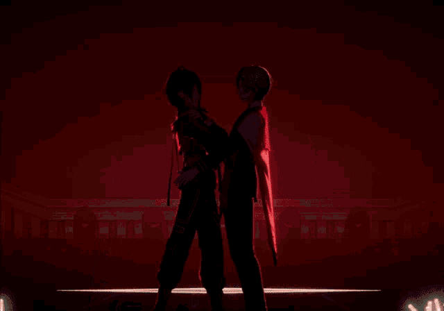 a couple of anime characters standing next to each other looking at each other
