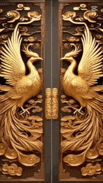 a pair of doors with a statue of a phoenix on them