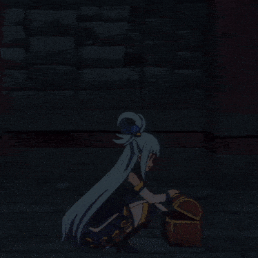 a girl with blue hair is opening a red chest