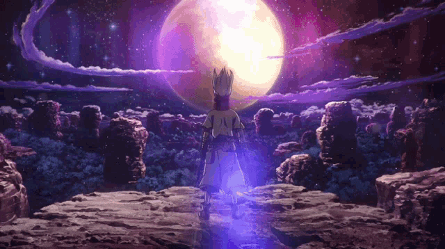 a person is standing in front of a purple full moon
