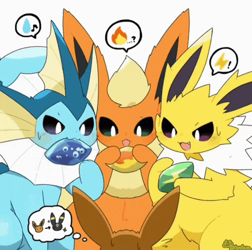 a drawing of a group of pokemon with speech bubbles that say water fire and lightning