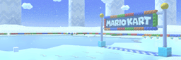 a sign that says mario kart in a snowy area