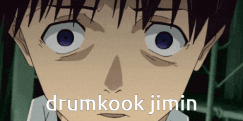 a close up of a person 's face with the words drumkook jimin written on it