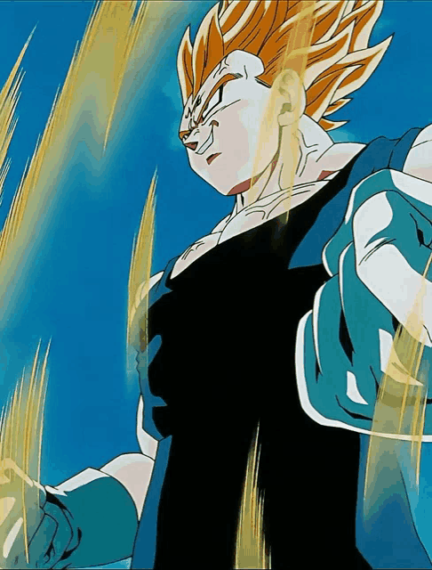 a close up of a dragon ball z character with a blue sky behind him
