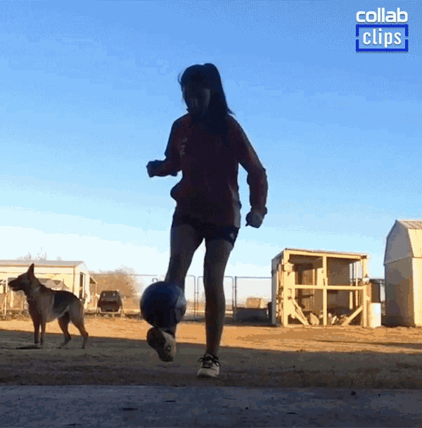 a girl kicking a soccer ball with a collab clips logo on the bottom