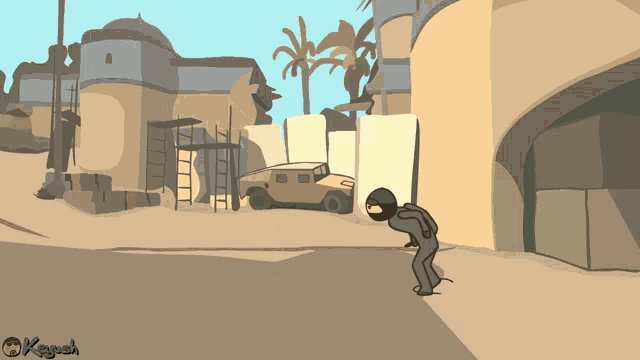 a cartoon of a man standing in front of a building with keyash written on the bottom right
