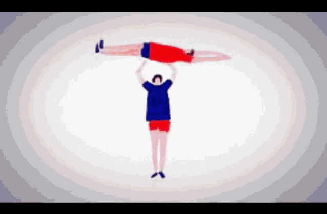 a person is holding another person in the shape of the letter t.
