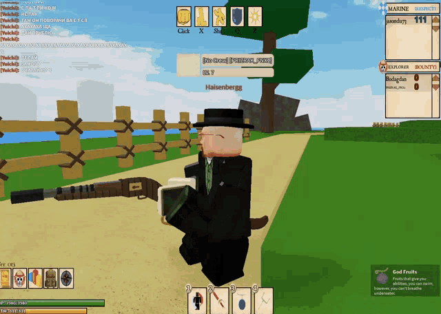 a screenshot of a video game shows a man holding a gun with the name hainenberg on the bottom right
