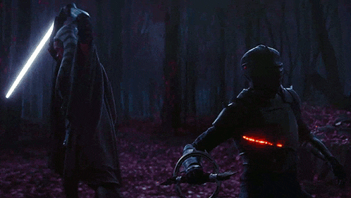a person is holding a lightsaber in a dark forest and fighting another person .