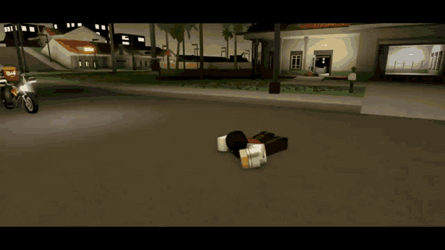 a cartoon character is riding a motorcycle while another character is laying on the ground