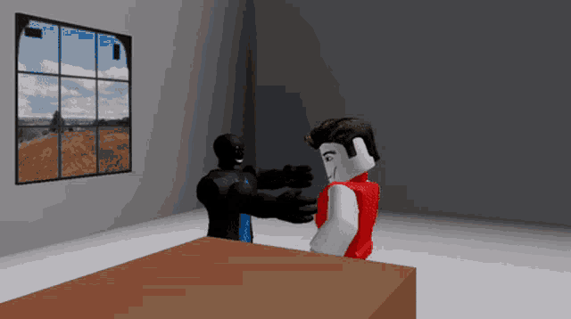 a man in a red shirt is talking to another man in a black shirt