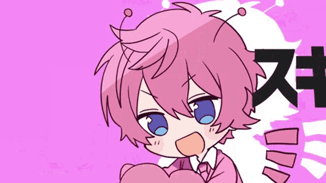 a group of anime characters standing next to each other on a pink background