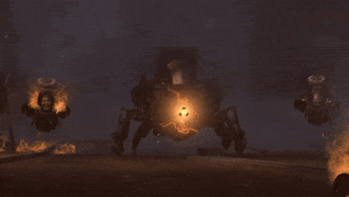 a group of robots are flying in the dark and one of them has a light on it