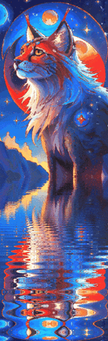a painting of a cat standing in a body of water