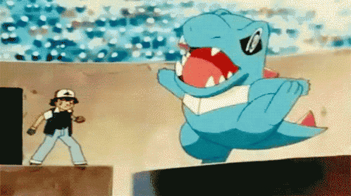 a cartoon of a man standing next to a giant blue dinosaur .