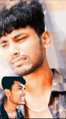 a close up of a man 's face next to another man