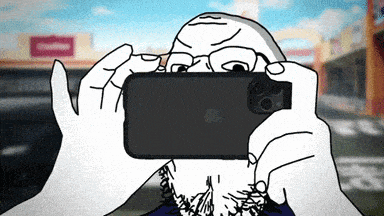 a cartoon drawing of a man taking a picture with a phone