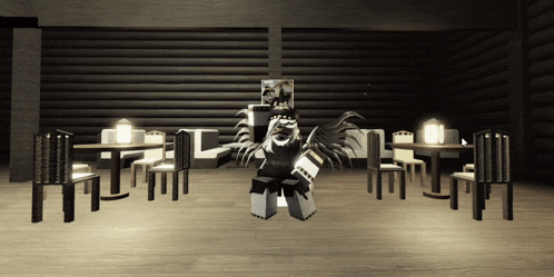 a video game character is standing in a room with chairs and tables